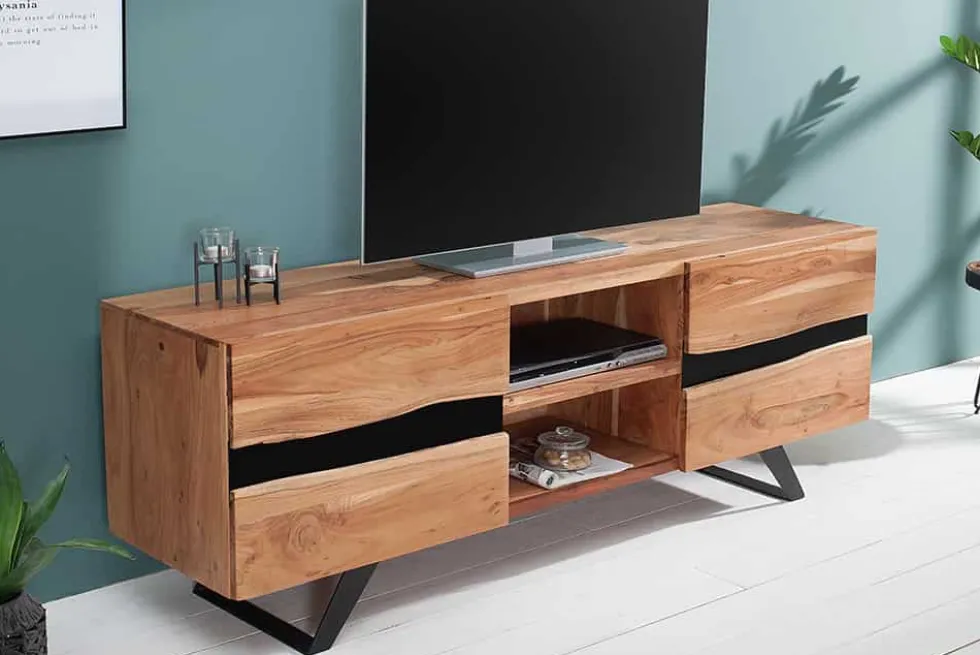 Massives TV-Board AMAZONAS 160cm Akazie Metall Lowboard Baumkante