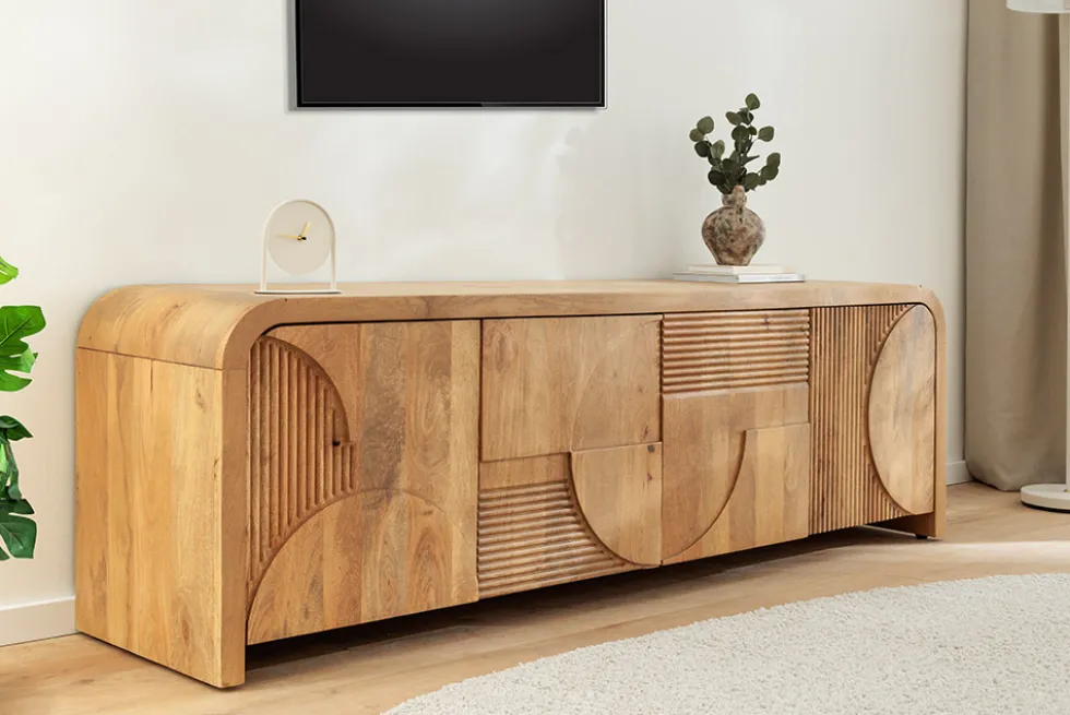 Massives TV-Board ART DECO 170cm cream finish beige Mangoholz abgerundet