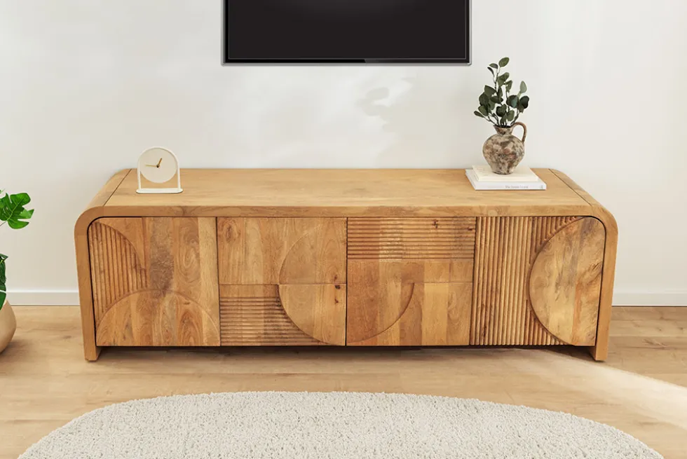Massives TV-Board ART DECO 170cm cream finish beige Mangoholz abgerundet