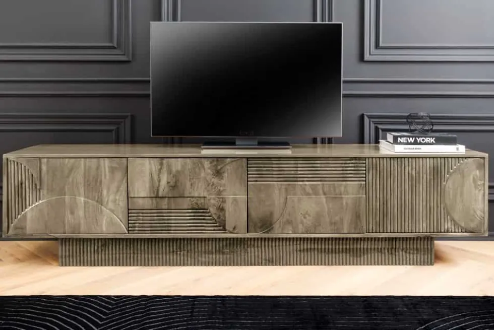 Massives TV-Board ART DECO 200cm grau Mangoholz Lowboard 3D-Front