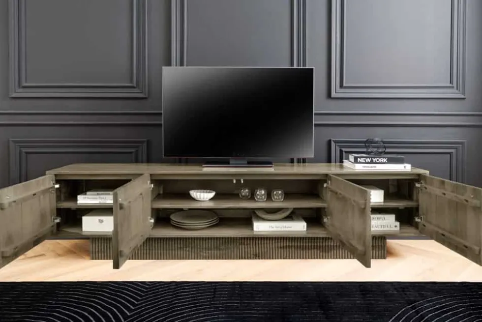 Massives TV-Board ART DECO 200cm grau Mangoholz Lowboard 3D-Front