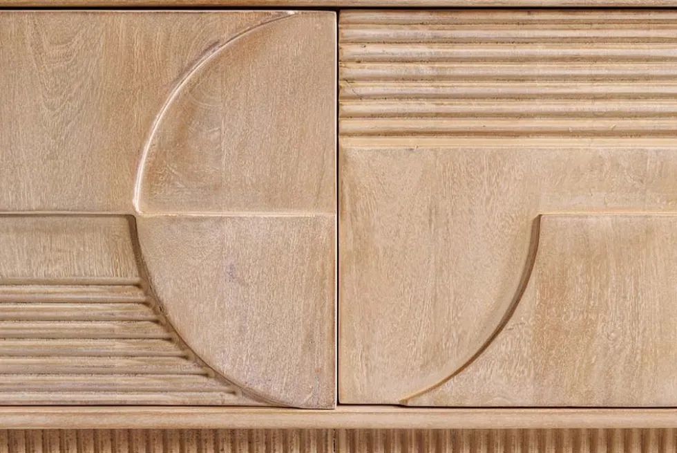 Massives TV-Board ART DECO 200cm weiß gekälkt Mangoholz 3D-Front handmade Lowboard