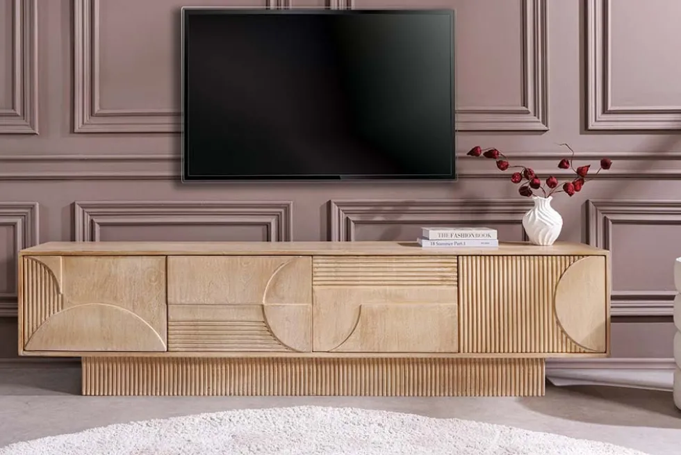 Massives TV-Board ART DECO 200cm weiß gekälkt Mangoholz 3D-Front handmade Lowboard