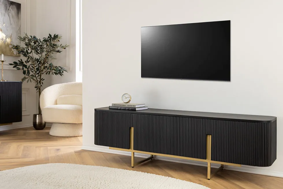 Massives TV-Board GATSBY 160cm schwarz gold Mangoholz Retro Lowboard