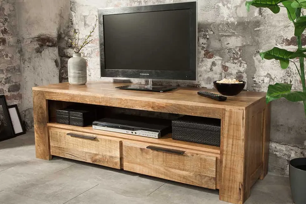 Massives TV-Board IRON CRAFT 130cm Mangoholz Lowboard 2 Schubladen