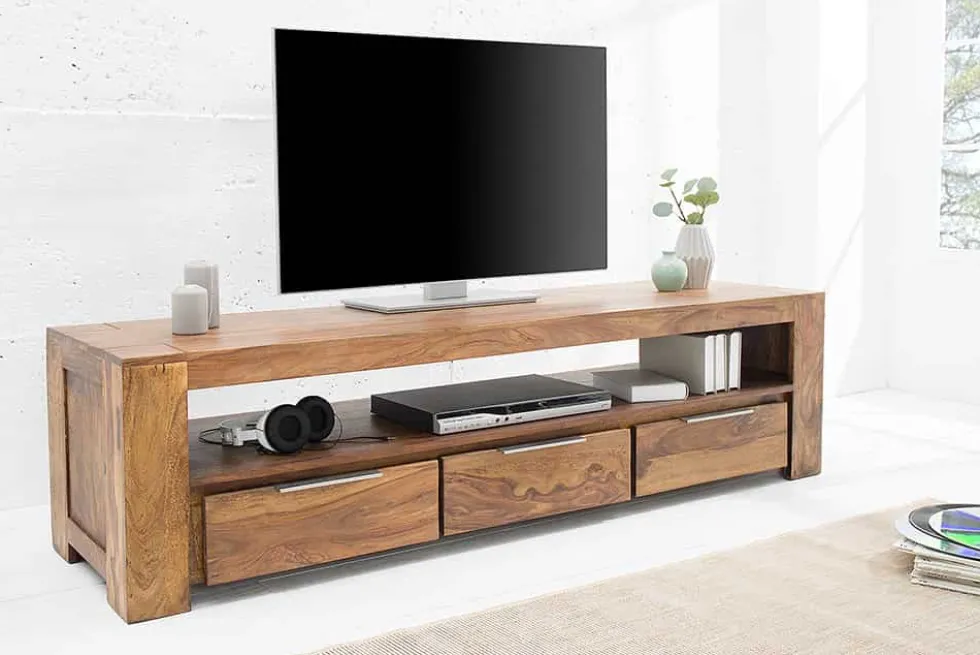 Massives TV-Board MAKASSAR 170cm braun Sheesham stone finish Lowboard drei Schubladen