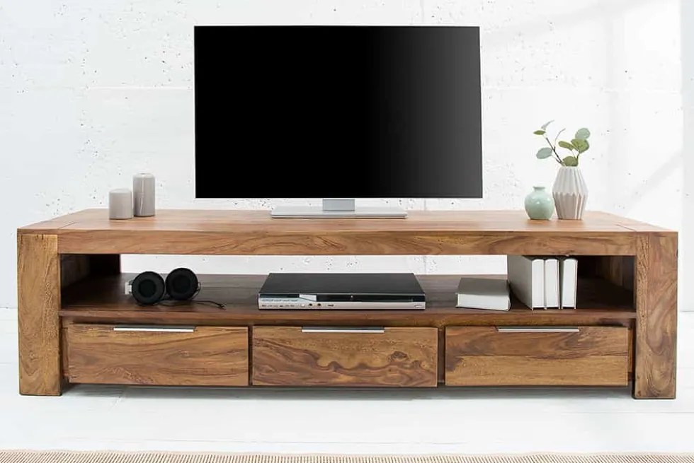 Massives TV-Board MAKASSAR 170cm braun Sheesham stone finish Lowboard drei Schubladen