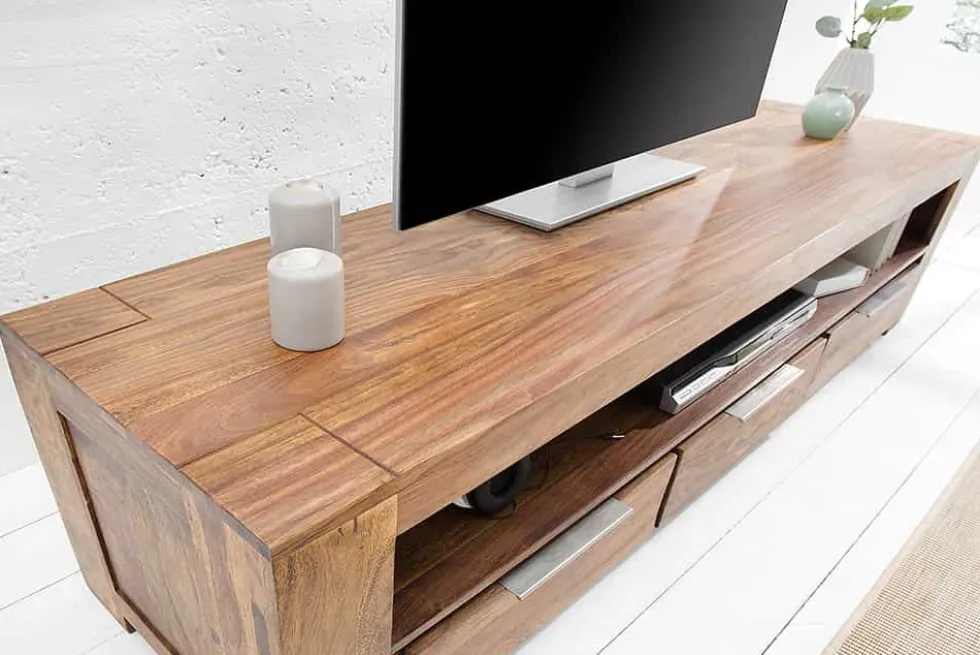 Massives TV-Board MAKASSAR 170cm braun Sheesham stone finish Lowboard drei Schubladen