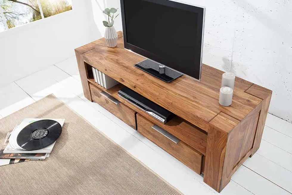 Massives TV-Board MAKASSAR 130cm braun Sheesham stone finish Lowboard zwei Schubladen