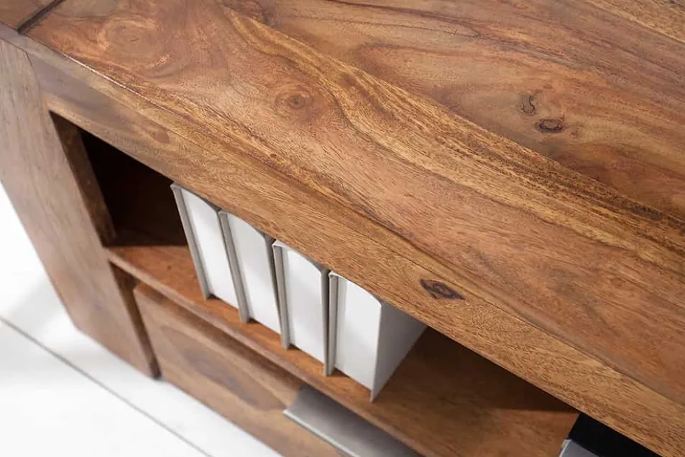 Massives TV-Board MAKASSAR 130cm braun Sheesham stone finish Lowboard zwei Schubladen