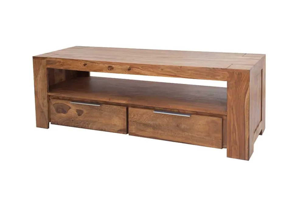 Massives TV-Board MAKASSAR 130cm braun Sheesham stone finish Lowboard zwei Schubladen