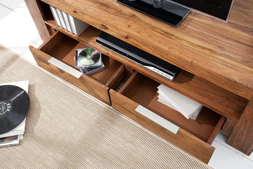 Massives TV-Board MAKASSAR 130cm braun Sheesham stone finish Lowboard zwei Schubladen