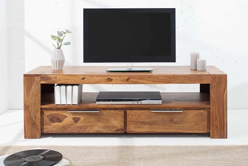 Massives TV-Board MAKASSAR 130cm braun Sheesham stone finish Lowboard zwei Schubladen