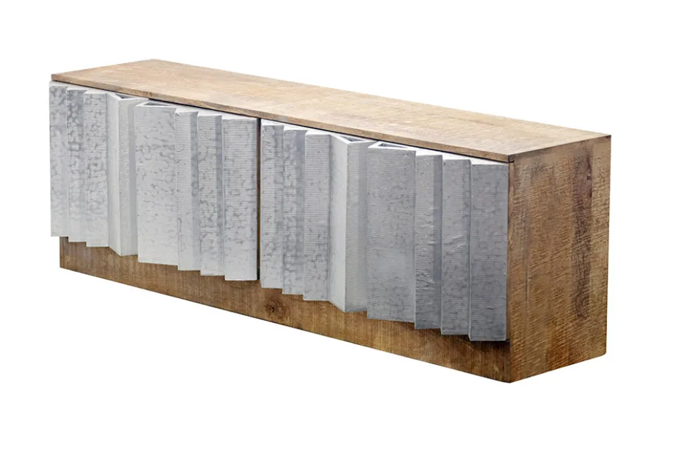 Massives TV-Board ZALVERO 150cm natur silber Mangoholz mit Metall-Aluminium Front