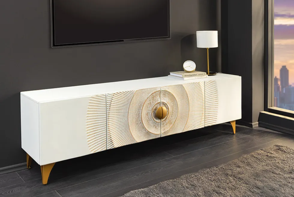 Massives TV-Lowboard GOLDEN SUNSET 180cm weiß gold Mangoholz 3D Schnitzereien Metallfüße