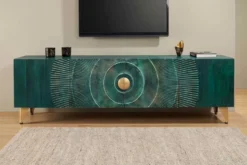 Massives TV-Lowboard GOLDEN SUNSET 180cm türkis 3D-Schnitzereien gold Mangoholz Metall