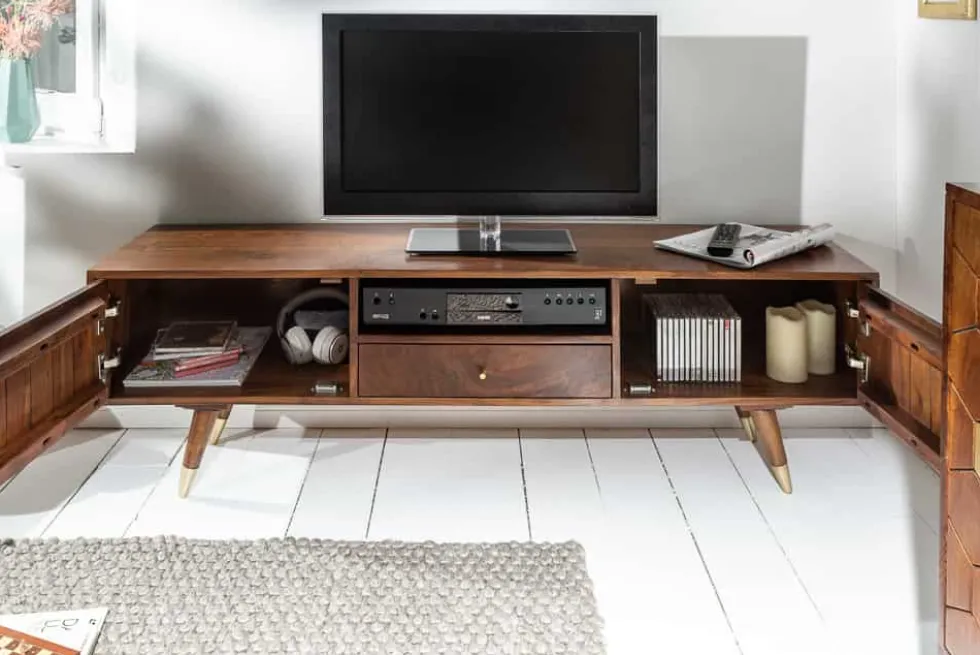 Massives TV-Lowboard MYSTIC LIVING 140cm Akazie braun gold Retro Design