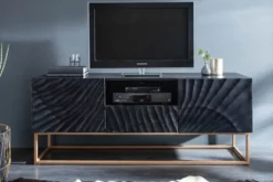 Massives TV-Lowboard SCORPION 160cm schwarz Mangoholz aufwendige 3D Schnitzereien
