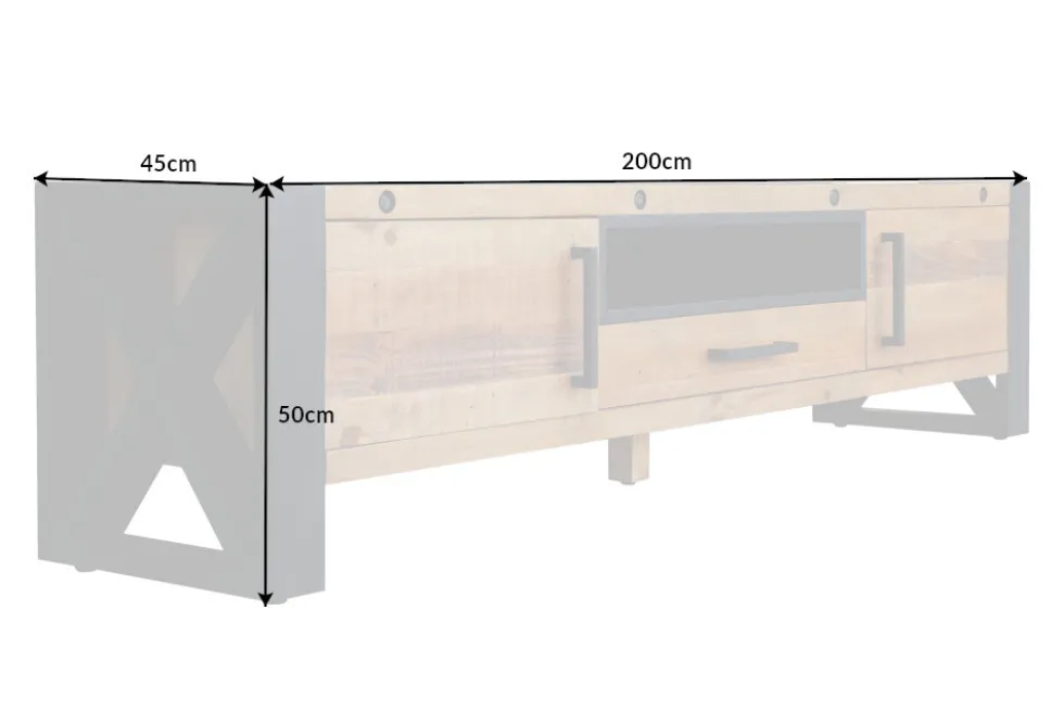Massives TV-Lowboard THOR 200cm recyceltes Pinienholz im Industrial Design