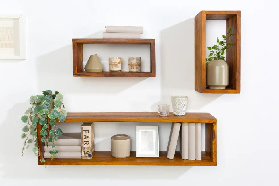 Massives Wandregal 3er Set HEMINGWAY 94cm braun Sheeshamholz stone finish