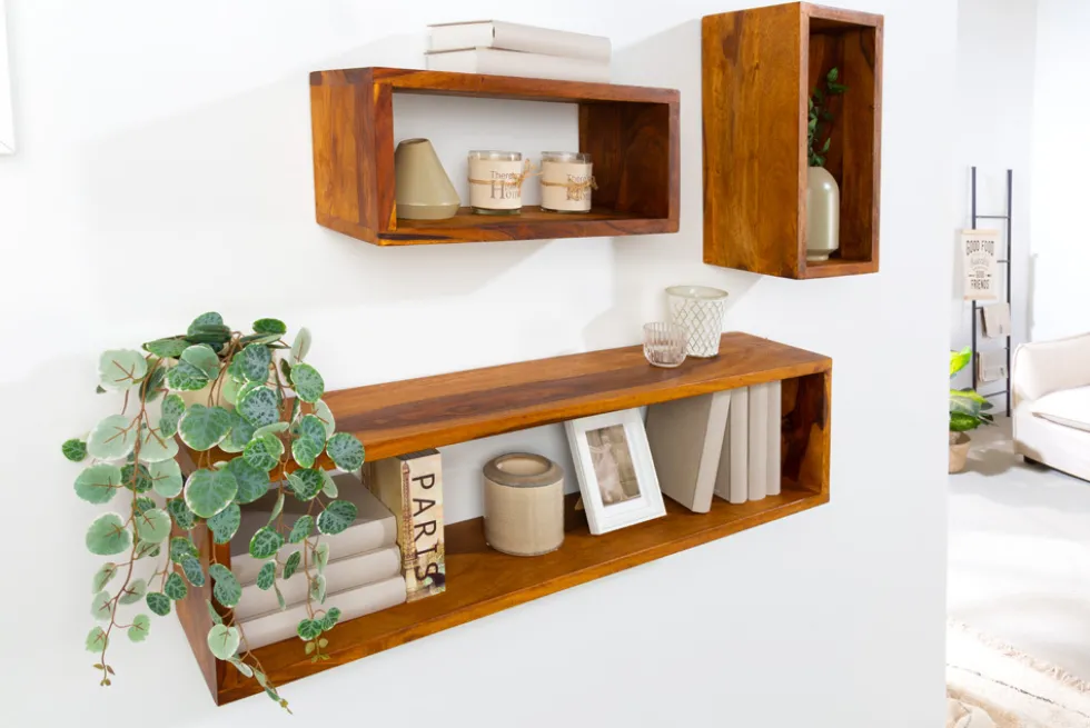 Massives Wandregal 3er Set HEMINGWAY 94cm braun Sheeshamholz stone finish