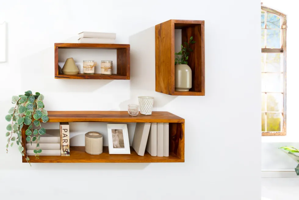 Massives Wandregal 3er Set HEMINGWAY 94cm braun Sheeshamholz stone finish