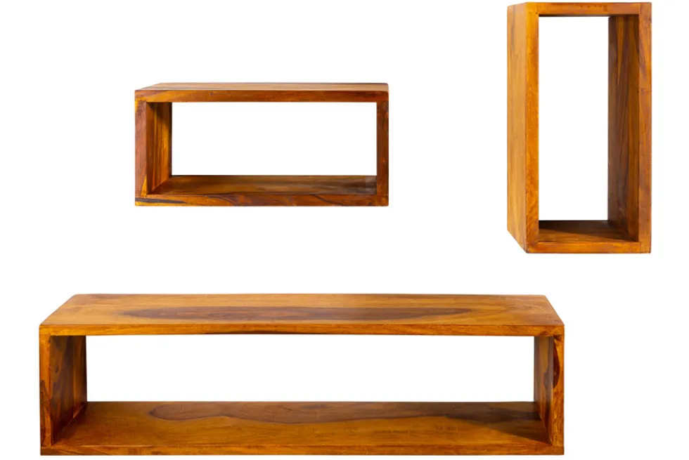 Massives Wandregal 3er Set HEMINGWAY 94cm braun Sheeshamholz stone finish