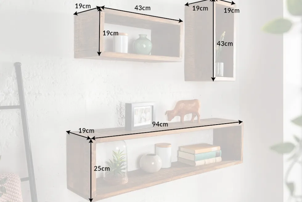 Massives Wandregal 3er Set HEMINGWAY 94cm braun aus Mangoholz
