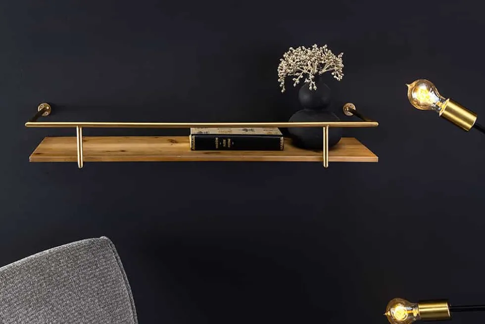 Massives Wandregal HERITAGE 75cm natur Pinienholz gold Metall