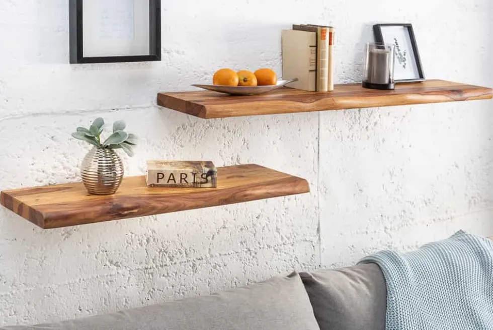 Massives Wandregal MAMMUT 80cm braun Sheesham stone finish Regalbrett mit Baumkante