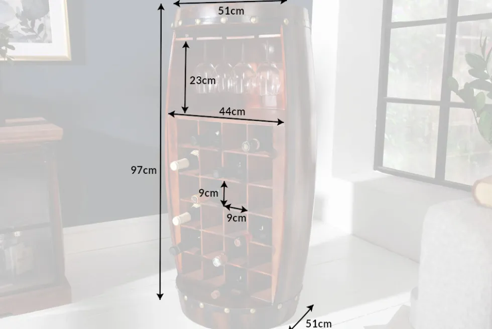 Massives Weinregal BODEGA 97cm coffee braun Pinie Fass-Bartisch für 24 Flaschen