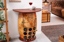 Massives Weinregal SEVEN SEAS 80cm natur Pinienholz Weltkarte Weinfass Barschrank