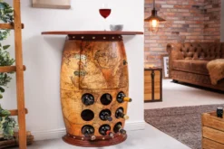 Massives Weinregal SEVEN SEAS 80cm natur Pinienholz Weltkarte Weinfass Barschrank