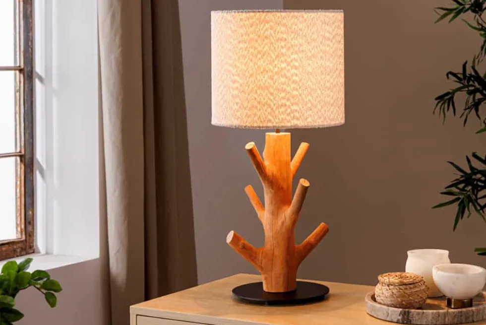 Massive Tischlampe JEWELRY 60cm natur Mangostanholz weißer Stoffschirm