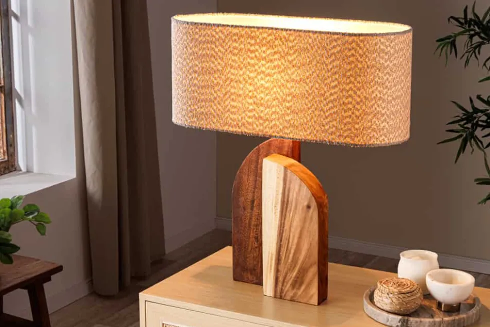 Massive Tischlampe LOVERS 60cm natur Regenbaumholz weißer Stoffschirm