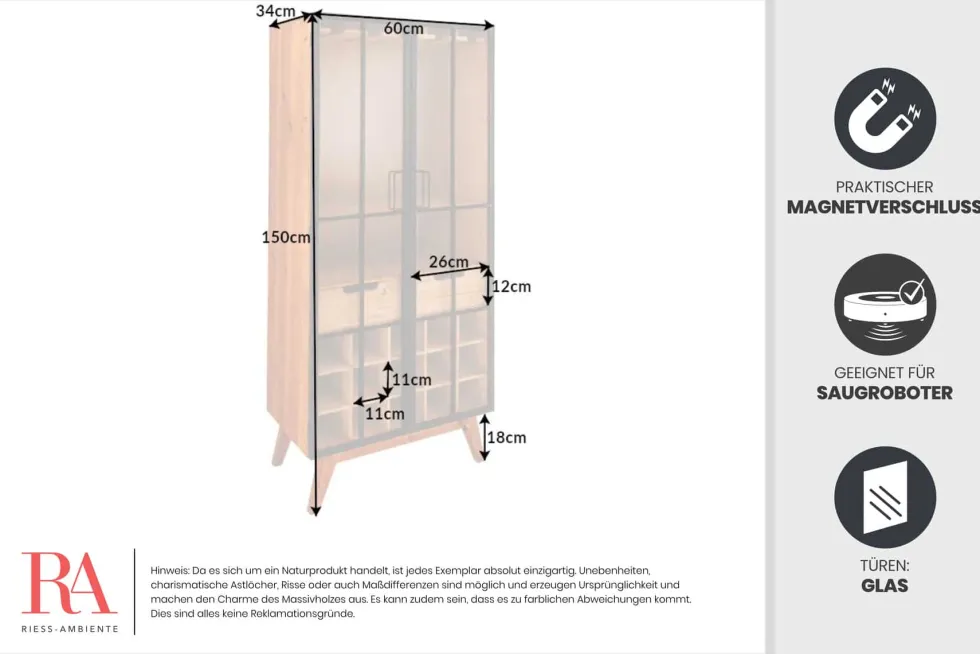 Massive Vitrine SEVEN SEAS 150cm natur Pinie Industrial-Türen Metall Barschrank