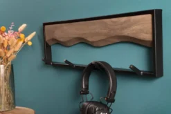 Massive Wandgarderobe AMAZONAS 60cm Mangoholz Metall schwarz mit 4 Kleiderhaken