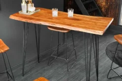 Massivholz Bartisch MAMMUT 140cm natur Akazie Baumkante Metall schwarz Hairpin Legs