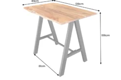 Massivholz Bartisch MAMMUT 120cm natur Akazie Baumkante Metall schwarz mit Fußablage
