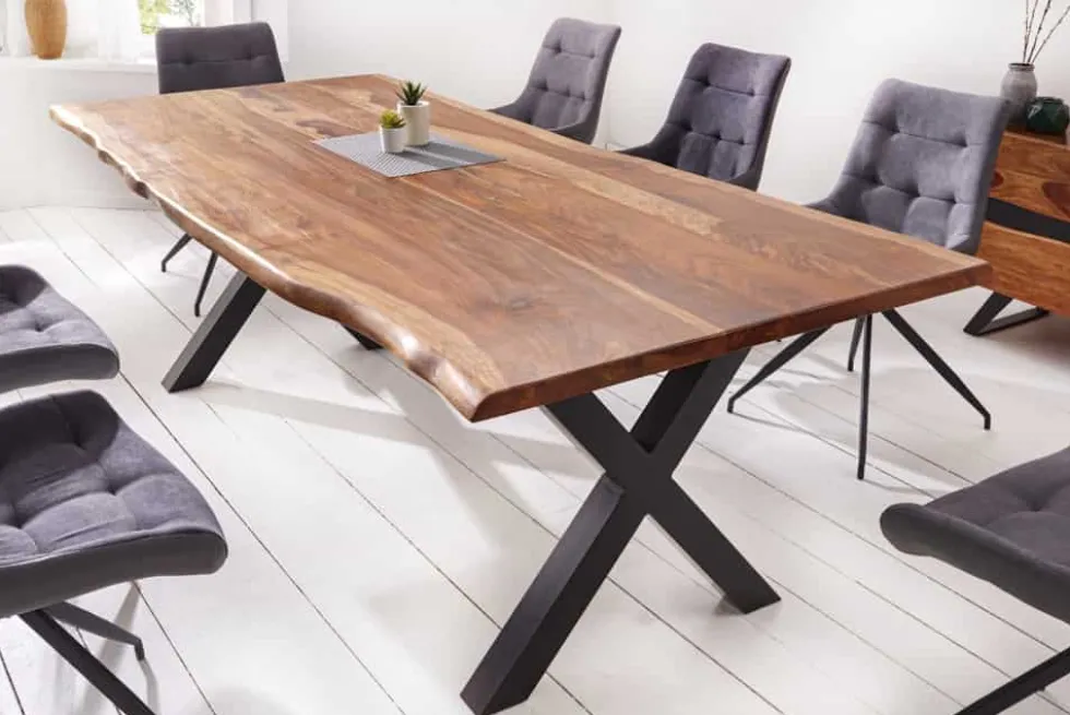 Massivholz Baumkanten Esstisch AMAZONAS 180cm braun Sheesham schwarze Metallbeine