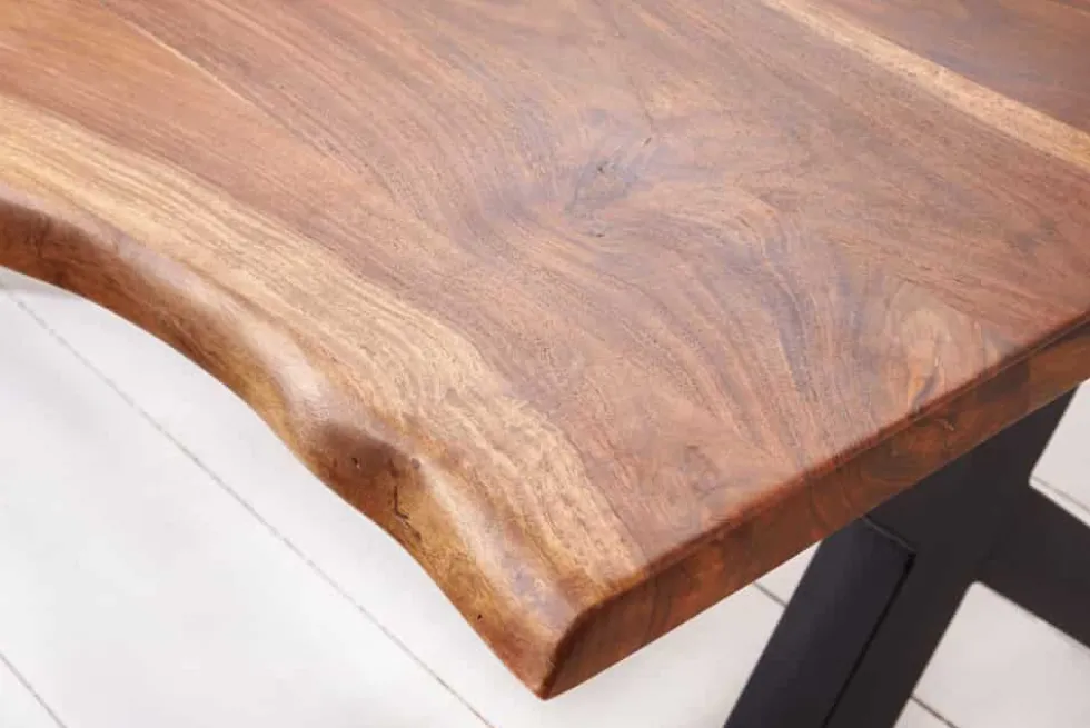 Massivholz Baumkanten Esstisch AMAZONAS 180cm braun Sheesham schwarze Metallbeine