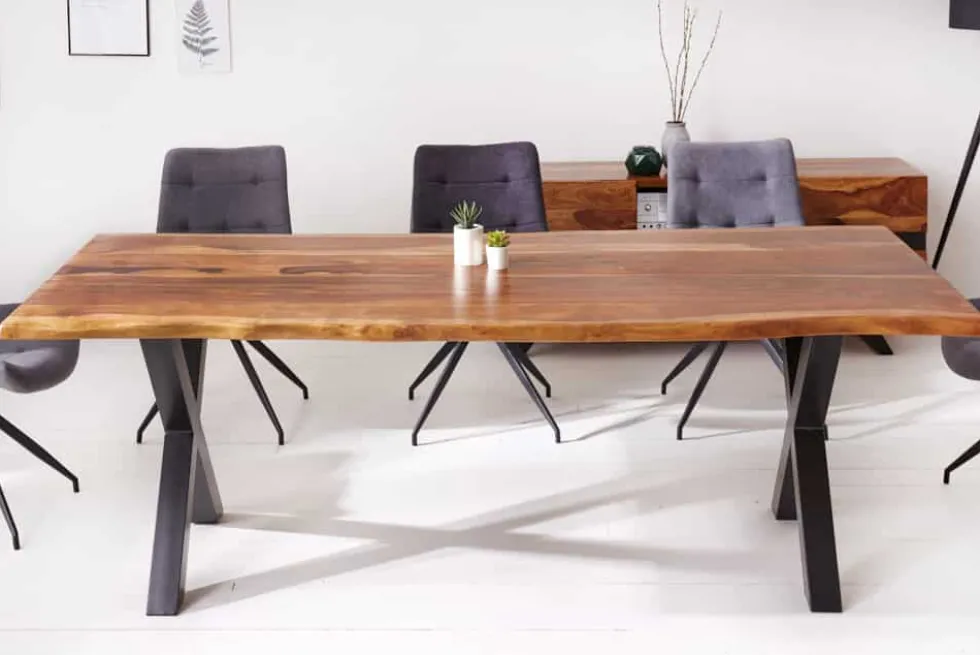 Massivholz Baumkanten Esstisch AMAZONAS 180cm braun Sheesham schwarze Metallbeine