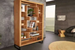 Massivholz Bücherregal CUBUS 190cm Akazie honey finish Metallfüße schwarz Standregal