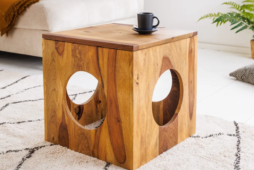 Massivholz Beistelltisch CUBUS 40cm Sheesham stone finish Hocker