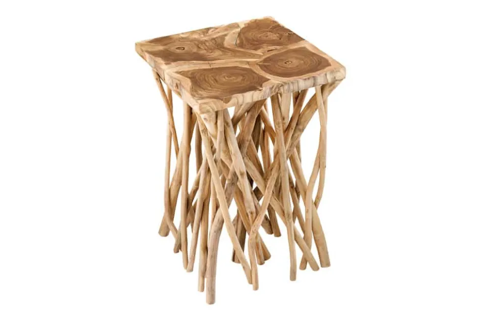 Massivholz Beistelltisch DRIFTWOOD 60cm natur Teak viereckig im Stelzen-Design