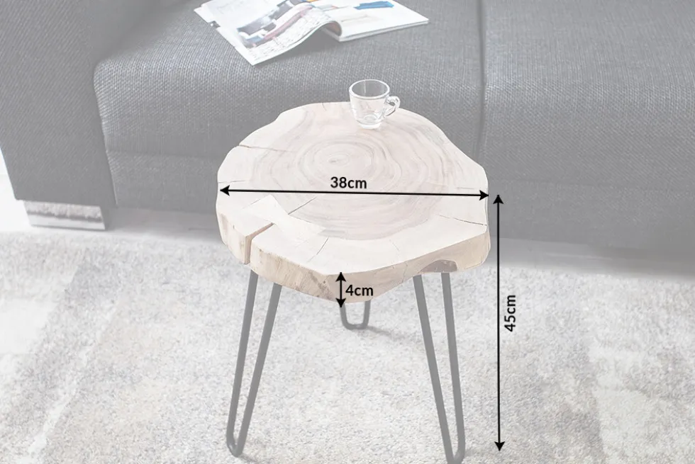 Massivholz Beistelltisch GOA 40cm natur Akazie Baumstamm Metall schwarz Hairpin Legs