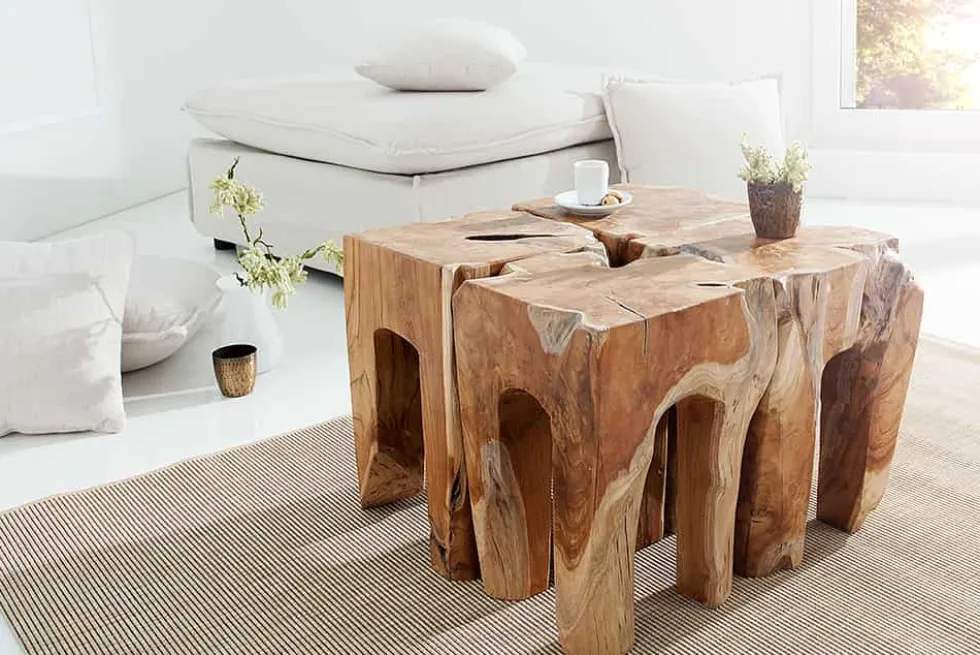 Massivholz Beistelltisch MOLAR 30cm Hocker Teak Block aus einem Stück gefertigt