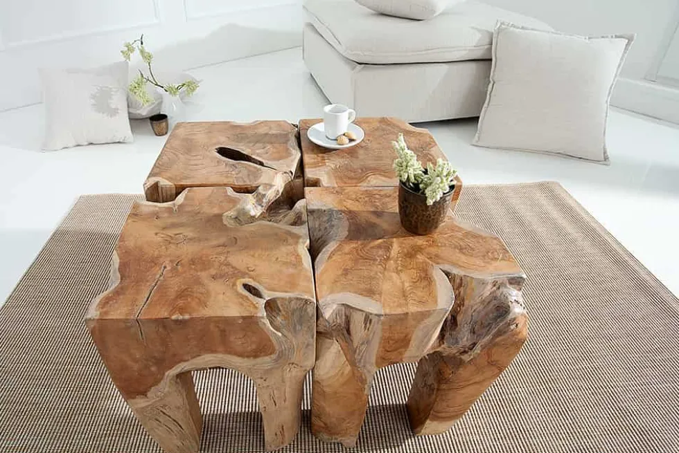 Massivholz Beistelltisch MOLAR 30cm Hocker Teak Block aus einem Stück gefertigt
