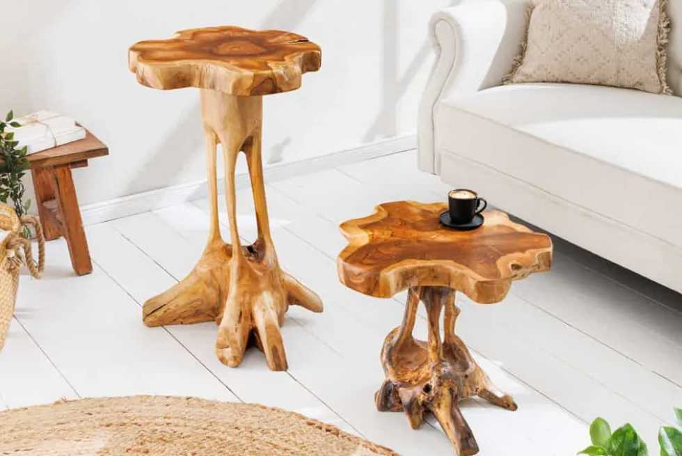 Massivholz Beistelltisch ROOT 70cm natur Teak aus Wurzelholz im Stelzen-Design