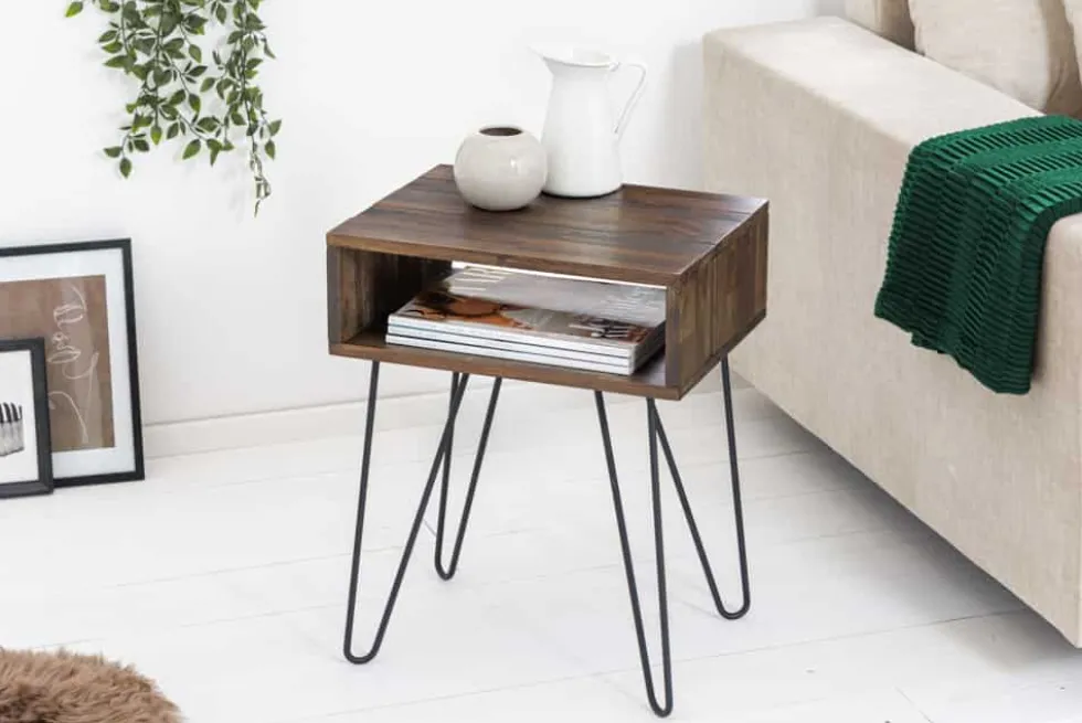 Massivholz Beistelltisch SCORPION 55cm Akazie Nachttisch mit Ablage Hairpin Legs Metall